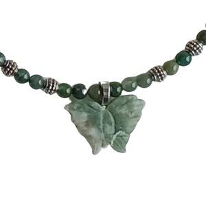 Moss Agate and Silvertone Butterfly Necklace 4283